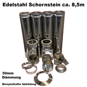 Schornstein-Set Edelstahl DN 130 mm doppelwandig Länge ca. 8,5m Wandmontage ohne Montage Material DW6