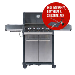 SANTOS Gasgrill S-318 | Seiten- & Heckbrenner | Edelstahl inkl. Drehspieß | Rostheber & Silikonablage