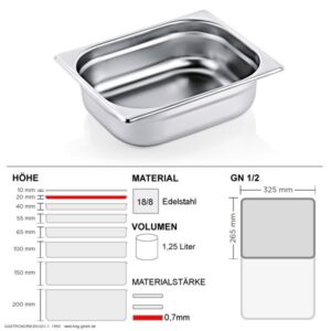 Gastronorm Behälter GN 1/2 - 20mm - GN90 - 18/8 Edelstahl - 0