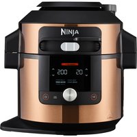 Ninja Foodi MAX 14-in-1 SmartLid-Multikocher mit Smart Cook-System.  Der Ninja Multikocher der nächsten Generation – mit noch mehr Möglichkeiten zur Zubereitung Ihrer Lieblingsspeisen – mit innovativem Dampf-Kombi-Modus für saftige  schnelle  knusprige Ergebnisse!  Großzügiges Fassungsvermögen von 6-8 l zur Zubereitung von bis zu 6 Portionen.  3 Modi  14 Funktionen    Entdecken Sie 14 Garfunktionen unter einem einzigen SmartLid – Schnellkochen  Heißluft-Frittieren  Grillen  Backen  Dörren  Teig gehen lassen  Anbraten/Sautieren  Dampfgaren  Slow Cooking  Joghurt  Dampf-Mahlzeiten  Dampf-Heißluft-Frittieren und Dampfbrot.  Bewegen Sie einfach den SmartLid-Schieber  um mühelos zwischen den Modi Schnellkochen  Heißluft-Frittieren und den Dampf-Kombi-Modi zu wechseln.  Der SmartLid erkennt automatisch  welche Funktion verwendet wird.    Smart Cook-System: Alles im Griff mit dem integrierten Smart Cook-System. Das digitale Bratenthermometer sorgt für perfekt gegarte Fleisch- und Fischgerichte ganz nach Wunsch. Führen Sie einfach die Sonde des Bratenthermometers in Ihre Speisen ein und wählen das gewünschte Ergebnis. Das Thermometer misst die exakte Temperatur Ihres Essens während des Garvorgangs  damit Sie sich um anderes kümmern können. Zaubern Sie das perfekte gegrillte Hähnchen in unter einer Stunde.  Dampf-Kombi-Modus    Entdecken Sie eine neue Art zu kochen  die Dampf mit Umluft für saftige  schnelle  knusprige Ergebnisse kombiniert!  Mit der Funktion Dampf-Mahlzeiten bereiten Sie Familienmahlzeiten in unter 30 Minuten zu. Garen Sie Hauptgericht und Beilagen gleichzeitig auf dem doppelstöckigen Wenderost.  Garen Sie mit Dampf-Heißluft-Frittieren knuspriges Gemüse und frische oder tiefgekühlte Speisen wie Lachsfilets ohne Austrocknen.  Mit Dampfbrot können Sie perfektes Brot mit einer goldenen Kruste aufgehen lassen und backen – alles in einem Topf.  Dampfbacken ermöglicht die schnelle Zubereitung von fluffigem  köstlichem Kuchen  Brioche  Desserts und mehr.    Schnellkoch-Modus: Druckgaren ist bis zu 70 % schneller als herkömmliche Garmethoden.* Schnellkochen verwendet ultraheißen Dampf zur schnellen Zubereitung zarter Speisen. Sobald Ihr Essen fertig gegart ist  lässt der automatische Dampfablass den Dampf automatisch und sicher ab.  Heißluft-Frittier-Modus: Heißluft-Frittieren mit wenig bis gar keinem zusätzlichen Öl – bis zu 75 % weniger Fett als herkömmliche Frittiermethoden.** Grillen Sie köstliche Burger  marinierte Hähnchenbrust oder backen Sie fluffige Kuchen  Kekse und Gebäck. Lassen Sie Teig gehen  braten Sie Steaks an  sautieren Sie Zutaten für köstliche Saucen oder dampfgaren Sie Gemüse und Reis. Die Möglichkeiten sind grenzenlos!  Einfache Bedienung und Reinigung: Der Multikocher enthält einen antihaftbeschichteten Kochtopf aus Keramik mit 6-8 l Fassungsvermögen. Alle Zubehörteile sind spülmaschinenfest für eine mühelose Reinigung.  *Im Vergleich zu Slow Cooking  Kochen oder Schmoren.  **Getestet im Vergleich zu handgeschnitten  frittierten Pommes frites.