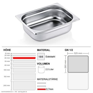 Gastronorm Behälter GN 1/2 - 40mm - GN90 - 18/8 Edelstahl - 0