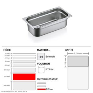 Gastronorm Behälter GN 1/3 - 150mm - GN90 - 18/8 Edelstahl - 0