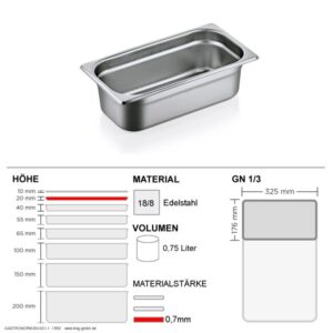 Gastronorm Behälter GN 1/3 - 20mm - GN90 - 18/8 Edelstahl - 0