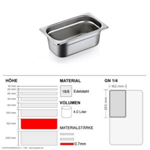 Gastronorm Behälter GN 1/4 - 150mm - GN90 - 18/8 Edelstahl - 0