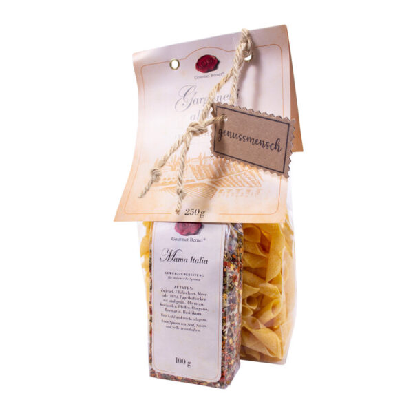 GOURMET BERNER Pasta Set "Garganelli alluovo"" 250g Beutel & 100g Beutel Mama Italia, Kartonanhänger ""genussmensch"""