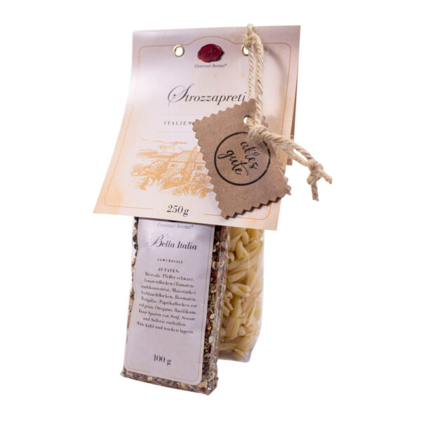 GOURMET BERNER Pasta Set "Strozzapreti"" 250g Beutel & 100g Beutel Bella Italia, Kartonanhänger ""alles gute"""