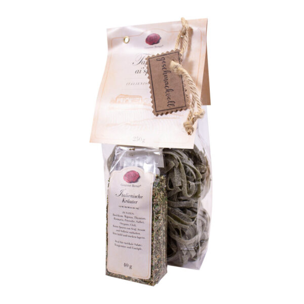 GOURMET BERNER Pasta Set "Tagliatelle ai spinaci"" 250g Beutel & 40g Beutel Italienische Kräuter, Kartonanhänger ""geschmackvoll"""