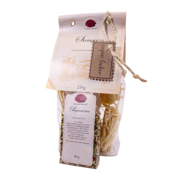 GOURMET BERNER Pasta Set "Stringozzi"" 250g Beutel & 50g Beutel Peperoncino , Kartonanhänger ""super lecker"""