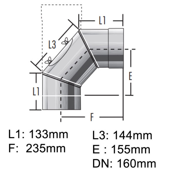 Raab Alkon Edelstahl Rohr DN160mm 90° Bogen starr mit Tür einwandig. 0,6mm 2. Wahl evtl. Lagrdrspuren