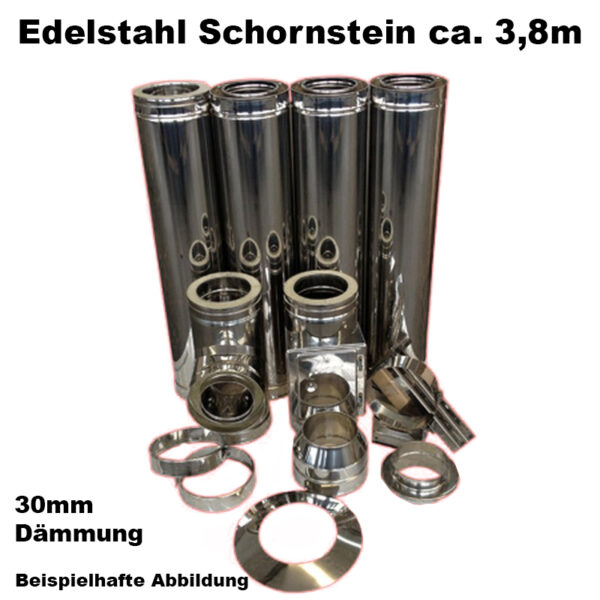 Schornstein-Set Edelstahl DN 130 mm doppelwandig Länge ca. 3,8m Wandbefestigung 250-430mm Abstand verstellbar DW6